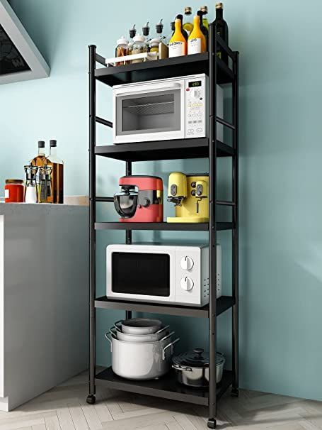 Denkee 5-Tier Kitchen Baker's Rack, Heavy Duty Free Standing Baker's Rack for Kitchens Storage with Rolling Wheels, Upgraded Industrial Microwave Oven Stand Rack (23.6 L x 14.6 W x 53.1 H) Bathroom Organizer Ideas, Diy Bathroom Storage Ideas, Metal Storage Shelves, Bathroom Organizers, Microwave Stand, Utility Shelves, Metal Shelving Units, Diy Bathroom Storage, Bathroom Organization Diy