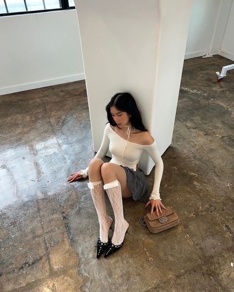 Fall fashion, white fox top, motel rocks skirt, pleated skirt, Tony bianco heels, kitten heels, pointed toe heel Date Night Korean, Cute Tights Outfit, Knee Socks Outfits, Knee High Socks Outfit, Kitten Heels Outfit, High Socks Outfits, Heels And Socks, On My Knees, Psychology Student