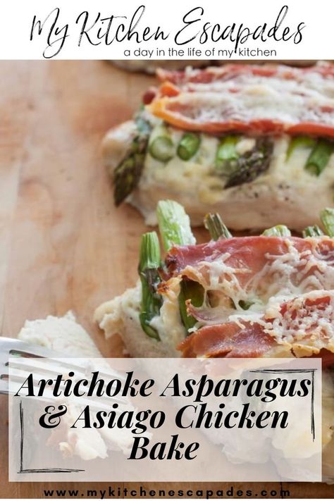 an image of two Artichoke Asparagus & Asiago Chicken Bake on a wooden board. Artichoke Asiago Dip, Asiago Chicken, Super Easy Dinner, Chicken Ham, Chicken Bake, Easy Dinner Recipe, Asiago, So Satisfying, Dinner With Friends