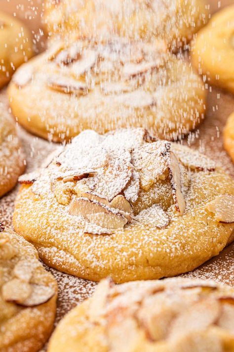 Almond croissant lovers take notice of these Almond Croissant Cookies that broke the internet! Almond Madeleines Recipe, Almond Filling Cookies, Soft Ricotta Almond Pillows, Almond Chocolate Croissant Cookies, Almond Filled Cookies, Almond Frangipane Cookies, Almond Crossiant Recipes, Almond Crossaint Cookie, Almond Paste Recipes Desserts