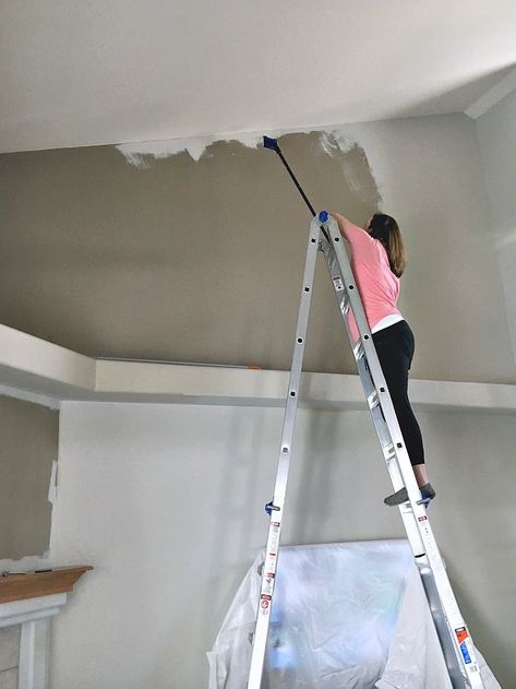 the easiest way to paint tall walls Behr Sculptor Clay, Wood Plank Ceiling, Easy Home Improvement Projects, Easy Home Improvement, Plank Ceiling, Tray Ceiling, High Walls, Home Repairs, Inspiration Wall