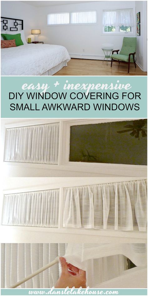 DIY Window Covering for Awkward Windows | Ruched Curtain DIY Window Covering For Basement Windows, Curtains For Small Room, In Window Curtains, Small High Window Treatments, Window Treatments For Small Windows, Small Windows Curtains, Small Window Ideas, Small Window Bedroom, Bedroom Small Window