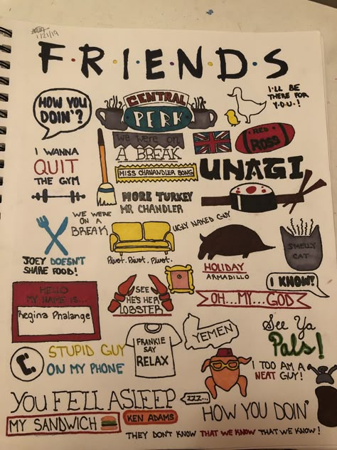 Friends Art Drawing Tv Show, Friends Doodle Tv Show, Friends Series Doodle, Friends Drawing Tv Show, Friends Tv Show Drawing, Gas Drawing, Coraline Doodles, Doodles Friends, Senior Jacket Ideas