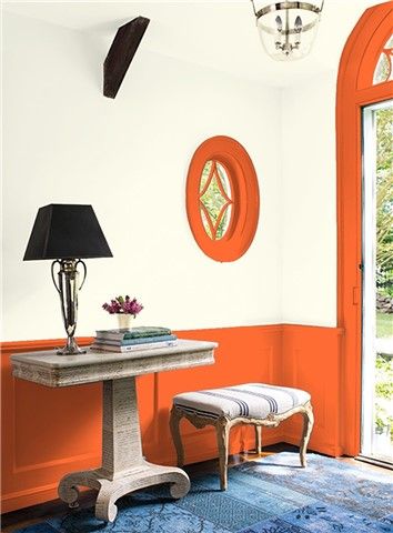 Look at the paint color combination I created with Benjamin Moore. Via @benjamin_moore. Wall: Mascarpone AF-20; Trim: Rumba Orange 2014-20; Ceiling: Mascarpone AF-20; Wainscotting: Rumba Orange 2014-20. Orange Parrot, Color Combinations Paint, New York Home, New York Homes, Classic Interior Design, Bar Art, Pumpkin Cream, Spare Room, Wainscoting