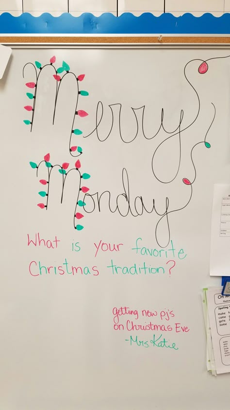 Monday Whiteboard Ideas, Christmas Morning Meeting Ideas, Monday Board Prompts, White Board Christmas Ideas, Monday Whiteboard Prompt, Teacher White Board Ideas, Christmas Whiteboard Ideas, Whiteboard Journal Prompts, White Board Questions