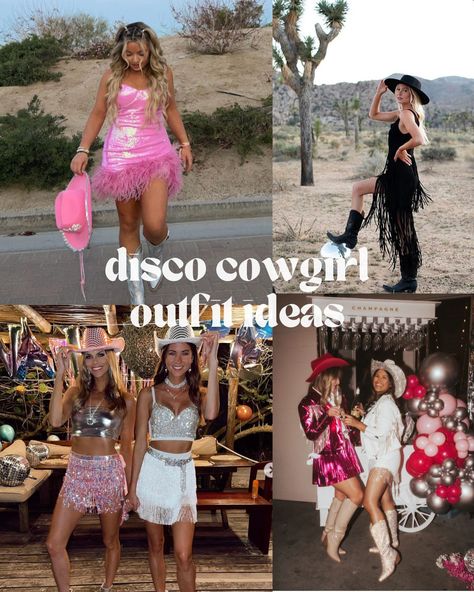 21 Disco Cowgirl Outfit Ideas - ljanestyle Cowgirl Disco Outfit Ideas, Disco Cowgirl Party Outfit Ideas, Cute Disco Cowgirl Outfits, Cowgirl Inspired Outfit Party, Disco Cowboy Wedding Guest, Bling And Boots Theme, Bachelorette Last Disco Outfits, Disco Cowboy Bachelorette Outfit, Bachelorette Party Outfit Country