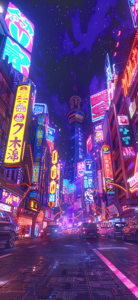 As the sun sets over the vibrant streets of a Japanese city, neon lights illuminate the skyline, casting a glow over the bustling traffic and towering buildings. The purple sky and twinkling stars above add to the electric atmosphere. This digital art captures the essence of city life, with vibrant colors and neon hues lighting up every corner. 🌆💜✨ #TokyoVibes #NeonLights #CityLife  #JapaneseCity #SunsetGlow #UrbanLandscape #CityscapeArt #NeonAesthetic #DigitalArt #VibrantColors 80s City Pop Aesthetic, Neon Tokyo Aesthetic Wallpaper, Colourful City Aesthetic, Tokyo Cityscape Illustration, Neon Lights City Aesthetic, Tokyo Neon Lights, Neon Art Aesthetic, Vibrant Wallpaper Iphone Aesthetic, Colorful City Aesthetic