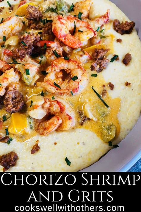 Grits topped with shrimp cream sauce and chorizo Savory Grits Recipe, Grits Recipe Breakfast, Savory Grits, Cajun Breakfast, Best Shrimp And Grits Recipe, Breakfast For Dinner Recipes, Cajun Cornbread, Soup Shrimp, Shrimp Stew