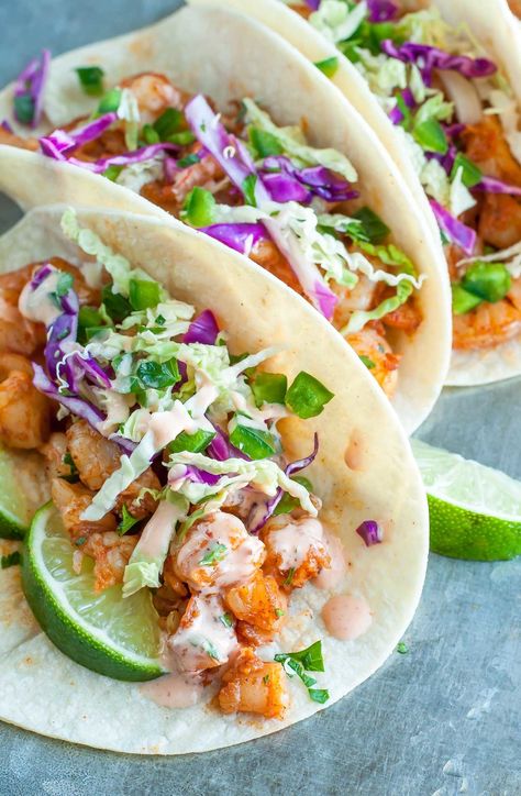 Spicy Sriracha Tacos With Cilantro Lime Slaw Sriracha Shrimp Tacos, Healthy Shrimp Tacos, Sriracha Shrimp, Lime Slaw, Cilantro Lime Slaw, Spicy Shrimp Tacos, Shrimp Taco, Shrimp Taco Recipes, Resep Diet