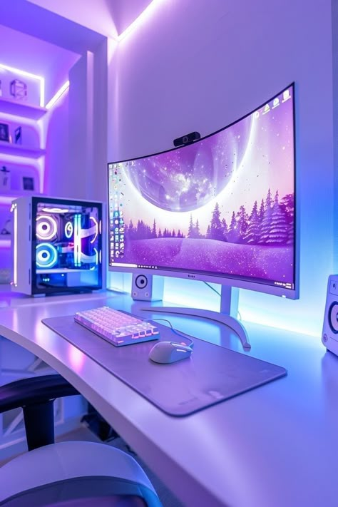 White Rgb Gaming Setup, Curved Pc Monitor, Desktop Computer Setup Aesthetic, Small Pc Setup Ideas, White And Purple Pc Setup, Dream Gaming Setup, Gaming Desk Set Up, Led Gaming Setup, Purple Gaming Setup