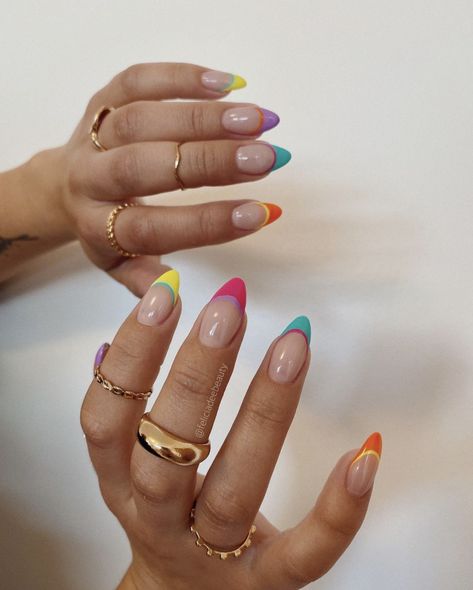 Almond Shaped Nail Designs Summer, Multicoloured Nails Tips, Almond Nail Ideas Summer Colour, Simple Colorful Acrylic Nails, Easy Colourful Nails, French Tips Multi Color, Vibrant French Tip Nails, Summer Mismatched Nails, Multicoloured French Tips