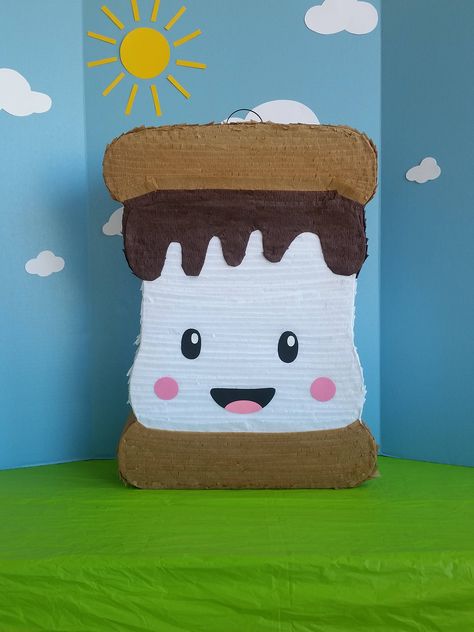 Camping Theme Pinata, One Happy Camper Pinata, Camping Pinata, Smore Birthday Party, Smores Birthday, Camping Themed Birthday Party, Camping Smores, Bonfire Birthday, Pinata Ideas