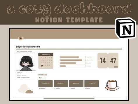 Cozy Dashboard | Aesthetic & Minimal Notion P Notion For School, Minimal Notion Template, Notion For Students, University Notion, Planner Template Aesthetic, Minimal Notion, Dashboard Aesthetic, Notion Planner Template, Study Planner Free