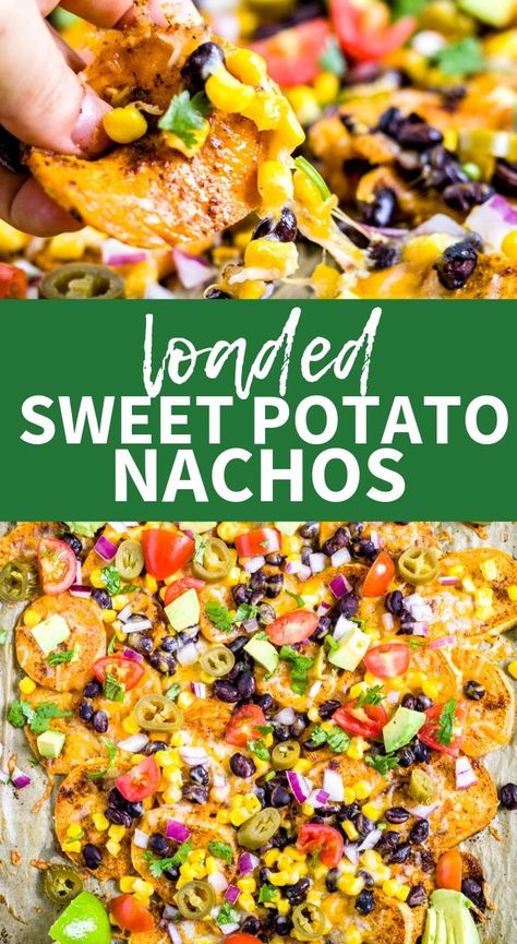 Sheet pan sweet potato nachos are loaded with healthy ingredients like black beans, corn and avocado. Customize this healthy appetizer to make it vegan, paleo or top with whatever you have in the pantry. This recipe makes a great appetizer, especially for tailgate season! #sweetpotato #nachos #healthy #gameday #superbowl #tailgate #appetizer Potato Nachos, Sweet Potato Nachos, Black Beans Corn, Loaded Sweet Potato, Healthy Appetizer, Great Appetizers, Healthy Ingredients, Healthy Appetizers, Sweet Potato Recipes