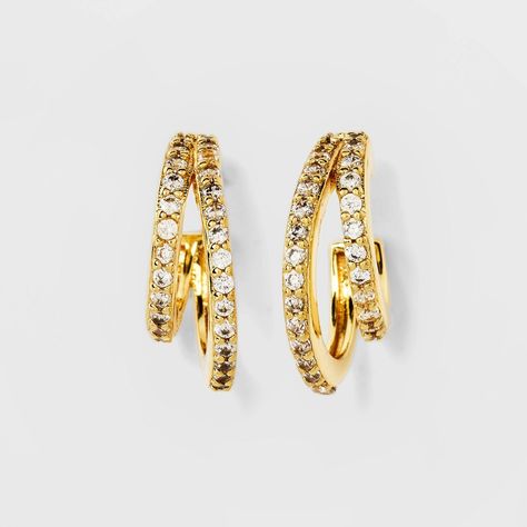 Add some attitude to even the simplest of your outfits with these 14k Gold-Plated Cubic Zirconia Faux-Duo Pave Hoop Earrings from A New Day™. The open-hoop earrings feature two lopsided rows paved with clear crystals that are linked at the ends with a front-facing cutout to form an absolutely stunning design. Set on post hardware with butterfly backs for secure wear, these crystal hoops are made of 14K gold-plated, nickel-free metal in a gold finish. Best of all, these earrings come elegantly pa Pave Hoop Earrings, Cubic Zirconia Hoop Earrings, Diamond Stacking Rings, Open Hoop Earrings, Hoop Earrings Gold, Jewelry Essentials, Clear Crystals, Silver Accessories, Gold Accessories