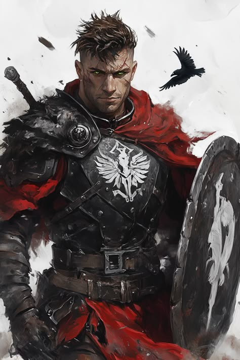 Joric Ravenshield stands at a solid six feet, with a muscular yet agile build. His tanned skin is marked by numerous scars that tell tales of past battles. His garments consist of deep red leather armor, reinforced with blackened steel plates. A striking raven motif is embossed across the chest piece. His hair is a tousled mane of ebony, and his piercing green eyes are set beneath a furrowed brow.... Dragon Skin Armor, Raven Emblem, Dnd Character Mask, Dnd Human Male, Dnd Viking, Fighter Dnd, Character Showcase, Piercing Green Eyes, Furrowed Brow