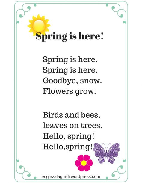 English spring poems Poem On Spring Season, Kindergarten Chants, Spring Songs For Kids, Spring Poems For Kids, Thanksgiving Prayers For Family, Short Poems For Kids, Spring Crafts For Toddlers, Spring Songs, Kids Songs With Actions