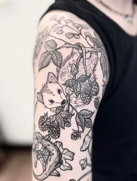 Woodland Arm Sleeve, Arctic Tattoo Sleeve, Critter Tattoo Sleeve, Forest Animal Sleeve Tattoo, Woodland Creatures Tattoo Sleeve, Black And Grey Patchwork Tattoo, Forest Animal Tattoos For Women, Whimsical Shoulder Tattoo, Forest Creature Tattoo