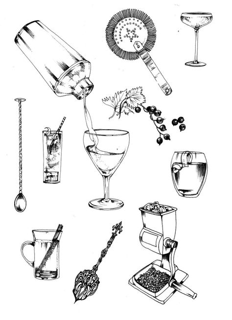 Coctail Tattoo Design, Bartending Tattoos Ideas, Bar Spoon Tattoo, Mixology Tattoo, Bartender Tattoo Ideas, Bartender Tattoo, Bar Tattoo, Cocktail Book Design, Baroque Tattoo