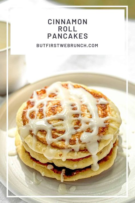 The Best Cinnamon Roll Pancakes - But First We Brunch! Cinnamon Sugar Pancakes, Cinnamon Swirl Pancakes, Cinnamon Roll Pancakes Recipe, Overnight Cinnamon Rolls, Cinnamon Roll Icing, How To Cook Pancakes, Cinnamon Roll Pancakes, Cinnamon Pancakes, Cream Cheese Glaze