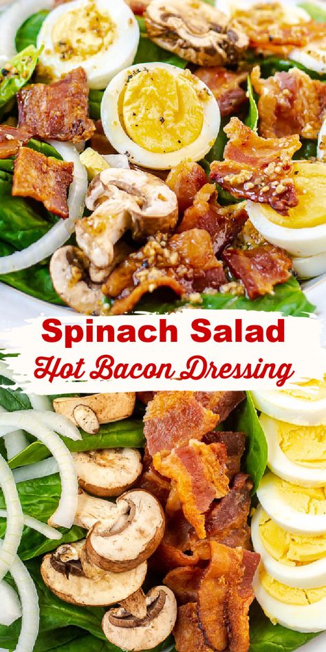 Warm Bacon Dressing, Eggs Mushrooms, Hot Bacon Dressing, Bacon Dressing, Spinach Salad Recipes, Superfood Salad, Salad Dressing Recipes Homemade, Bacon Salad, Homemade Salads