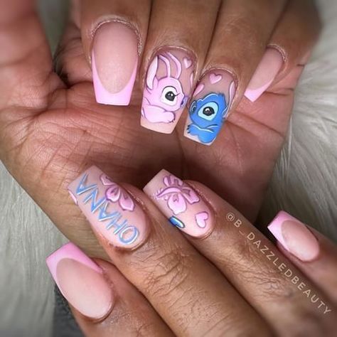 Acrylic Nails Stitch, Disney Stitch Nail Designs, Nail Art Designs Disney Lilo Stitch, Stitch Angel Nails, Stitch Nail Designs For Kids, Lilo Stitch Nails, Stitch Valentines Nails, Halloween Stitch Nails, Cute Stitch Nails