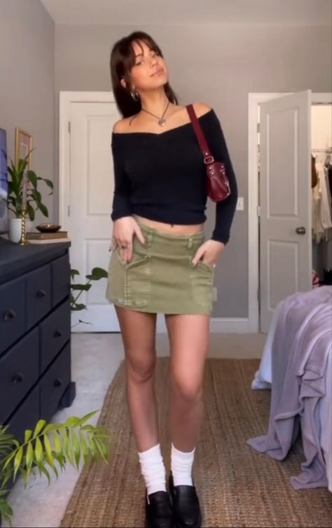 Army Green Skirt Outfit, Green Mini Skirt Outfit, Khaki Skirt Outfits, Green Skirt Outfits, Green Top Outfit, Off The Shoulder Top Outfit, Shoulder Tops Outfit, Skirt Outfits Aesthetic, Outfit Shein