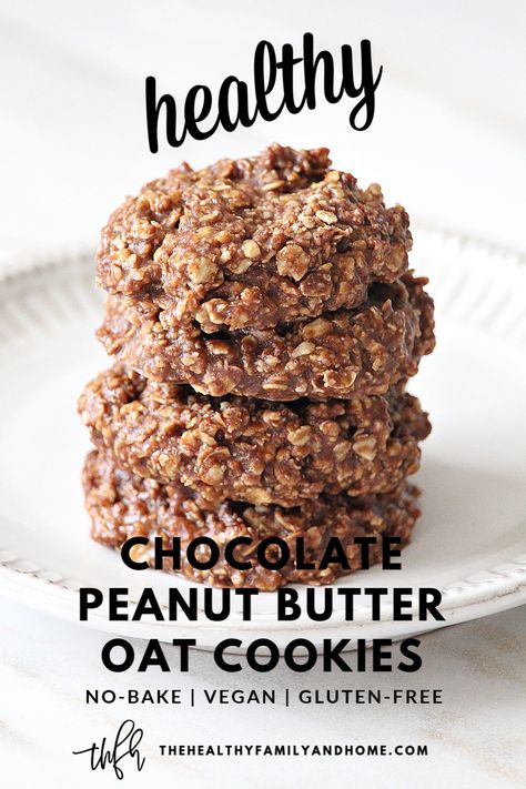 The ORIGINAL healthy plant-based Gluten-Free Vegan Chocolate Peanut Butter Oat No-Bake Cookies recipe from 2015 is an easy recipe made with only 6 clean, whole food ingredients. They’re ready to enjoy in about 30 minutes and are a classic dessert treat you can feel good about eating! { The Healthy Family and Home } #nobake #cookies #peanutbutter #chocolate #vegan #healthy Peanut Butter Oat Cookies, Vegan Chocolate Peanut Butter, Oatmeal No Bake Cookies, Healthy Baking Desserts, Healthy Chocolate Desserts, Peanut Butter Oat, Biscuits Diététiques, Peanut Butter Oats, Plant Based Desserts