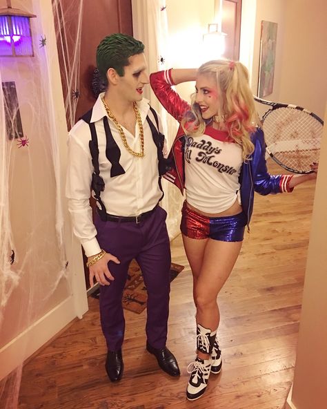 Couple Halloween Costumes Joker Harley, Joker And Harley Couple Costume, Joker Harely Quinn Costume, Couples Halloween Costume Harley Quinn And Joker, Couples Costumes Harley Quinn And Joker, Diy Joker And Harley Quinn Costume, Rare Couple Halloween Costumes, Holloween Costume Ideas Joker, Couple Halloween Costumes Joker And Harley