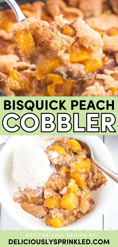 Looking for easy-to-make sweet treats? This canned peach cobbler recipe is a simple dessert you don't want to miss! You'll love every bite of this Bisquick peach cobbler that's wonderfully fruity and decadent! Bisquick Peach Cobbler Canned Peaches, Bisquick Cobbler, Bisquick Peach Cobbler Recipe, Bisquick Cobbler Recipes, Bisquick Inspired Recipes, Cobbler With Canned Peaches, Bisquick Peach Cobbler, Peach Cobbler With Canned Peaches, Can Peaches Recipes