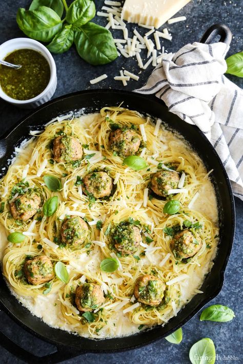 Creamy Garlic Pasta Nests with Pesto Chicken Meatballs from afarmgirlsdabbles.com Pasta Nests, Good Dinner Recipes, Pasta And Meatballs, Garlic Meatballs, Creamy Garlic Pasta, Meatball Dishes, Pasta Pesto, Chicken Meatball Recipes, Garlic Pasta