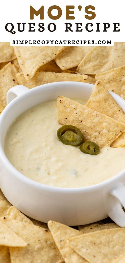 This Moe's Queso recipe is a creamy and flavorful blend of melted cheeses, spices, and peppers, creating a savory queso that's both versatile and irresistible. Whether used for dipping, topping or enjoyed on its own, it's a delicious Tex-Mex favorite that adds the perfect touch to any meal. Queso Dip With Monterey Jack Cheese, Copycat Moes Queso, Moe’s Queso Recipe, Homemade Mexican Cheese Sauce, Fuzzy's Queso Recipe, Cheese Sauce Recipe For Nachos, Mild Queso Dip, Queso Sauce Recipe, Authentic Mexican Queso Dip