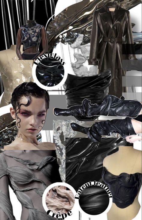 Sculpted topsFuture trend inspoMoodboardMoodboard inspo. Concept Board Fashion Design, Fashion Design Moodboard Inspiration, Futuristic Fashion Moodboard, Fashion Portfolio Moodboard, Fabric Board Fashion, Moodboard Fashion Design Mood Boards, Moodboard Ideas Layout, Fashion Trend Moodboard, Material Board Fashion