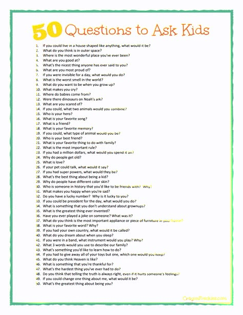 Some great conversation starters here!   50 questions to ask kids {plus free printable} from CrayonFreckles.com Questions To Ask Preschoolers, Questions To Ask Kids, 50 Questions To Ask, Kids Questions, 50 Questions, Au Pair, Activity Days, School Counseling, Conversation Starters