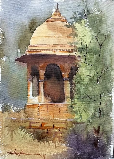 Water Colour Land Scapes, Composition Painting Watercolour, Watercolour Composition, Watercolor Scenery Painting, Black Pen Art, Watercolor Negative Painting, Architecture Watercolor, Temple Painting, Landscape Tutorial