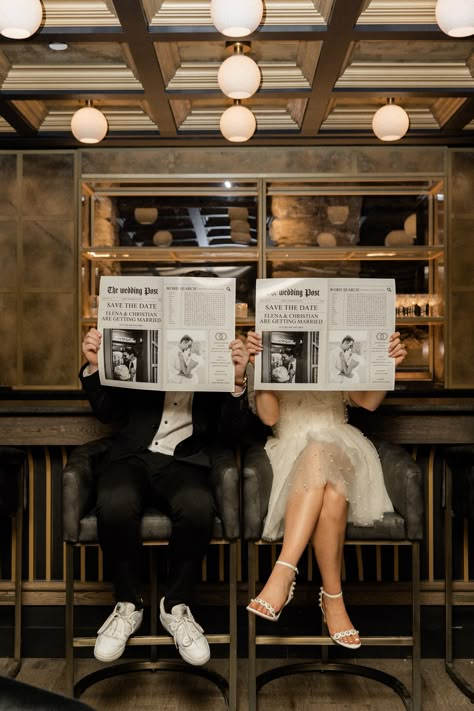 Crazy Wedding Photos Funny, Prenup Wedding Ideas, Photo Op Wedding Ideas, News Paper Engagement Photoshoot, 50s Inspired Engagement Photos, Vintage Save The Date Photoshoot, Newspaper Photoshoot Couple, Engagement Photos With Newspaper, Unique Intimate Wedding Ideas