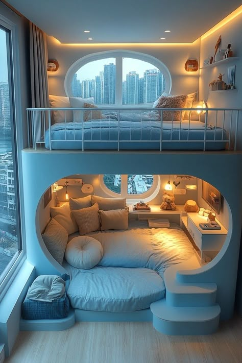 Loft Bed Ideas For Adults, Unique Rooms, Cool Bedrooms, White Stairs, Amazing Bedroom Designs, Round Bed, Cool Room Designs, Cool Bedroom, Dream Bedroom Inspiration