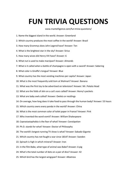 Downloadable and Printable List of Fun Trivia Questions Couples Trivia Questions, Easy Trivia Questions And Answers, Disney Trivia Questions And Answers, Kids Trivia Questions And Answers, Kids Trivia Questions, Summer Trivia, Fun Trivia Questions And Answers, Trivia Questions For Adults, Kids Quiz Questions