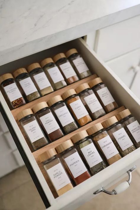 DIY Spice Drawer Organizer | Hunker Diy Spice Drawer Organizer, Diy Spice Jars, Spice Drawer Organizer, Spice Organization Drawer, Diy Spices, Kitchen Finds, Spice Drawer, House Organisation, Glass Spice Jars