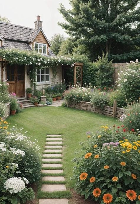 Small Wild Garden Ideas, Small Cozy Garden, Little Garden Ideas Small Spaces, Small Garden Cottage, Small Courtyard Ideas Garden Nook, Small Lawn Ideas, Beautiful Small Gardens, Cozy Garden Ideas, Minimalistic Garden