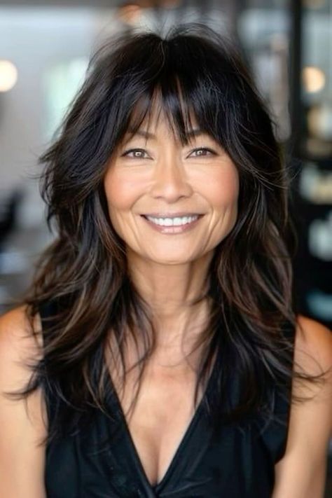 Highlights For Bob Haircut Brunettes, Long Hair Over 50 Older Women, Volume Hairstyles Medium, 90's Hairstyles, Women Over 50 With Bangs, Over 50 With Bangs, Medium Length Hair With Bangs, Long Shag Haircut, Layered Hair With Bangs