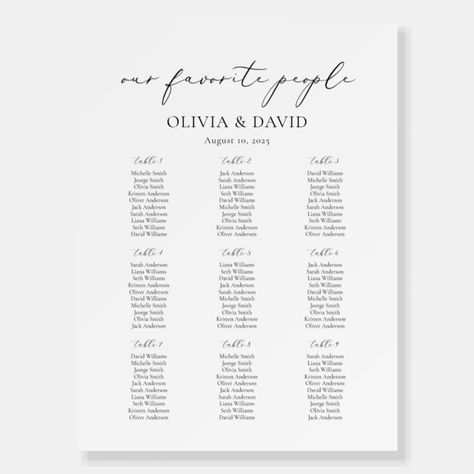 9 Tables Simple Our Favorite People Seating Chart Foam Board Zazzle Wedding Dinner Seating, Minimalist Seating Chart, Wedding Decor Signs, 12 Tables, Find Your Seat Sign, Table For 12, Classic Calligraphy, Table Seating Chart, Wedding Seating Plan