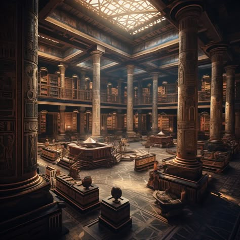 Greek Library Aesthetic, Library Of Alexandria Art, Ancient Library Fantasy Art, Ancient Library Aesthetic, Alexandrian Library, Alexandria Aesthetic, Ancient Futurism, Roman Library, Egyptian Library