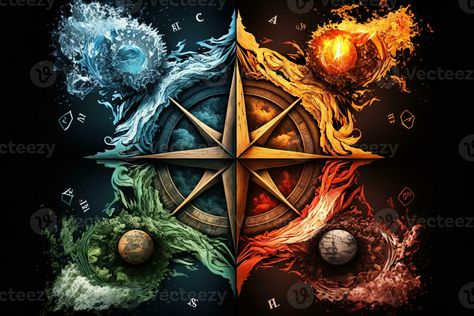 Four elements compass. Generative AI. Colorful magical fantasy compass, four elements earth, fire, water, air. Earth Element Symbol, Earth Fire Water Air, Nature Symbols, Earth Air Fire Water, Elements Earth, Elements Tattoo, Earth Wind & Fire, Elemental Magic, Element Symbols