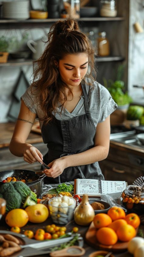 Cooking Fresh Meal: A young woman attentively prepares a nutritious dish using fresh vegetables and fruits in a rustic kitchen. #cooking #kitchen #vegetables #fruits #woman #aiart #aiphoto #stockcake ⬇️ Download and 📝 Prompt 👉 https://stockcake.com/i/cooking-fresh-meal_957338_800667 Cooking Women Aesthetic, Cooking Moodboard, Chef Cooking Photography Kitchens, Cooking Aesthetic Photography, Aesthetic Cooking Photos, Chef Cooking Photography, Woman Cooking Aesthetic, Cooking Chef Aesthetic, Chef Photoshoot