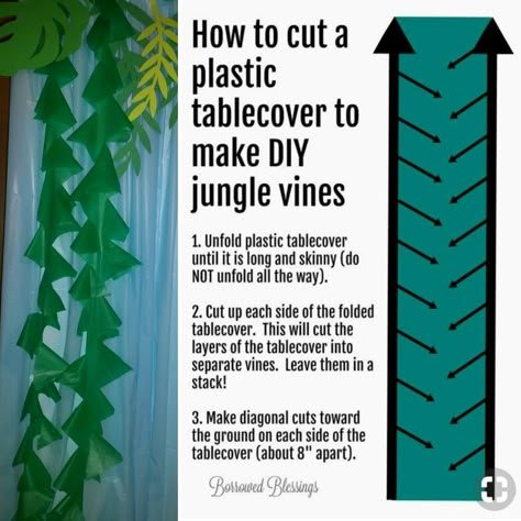 Backdrop diy Part3- green table cloth cut into strips. Instructions were found on pinterest. How To Make Jungle Leaves, Jungle Backdrop Diy, Seaweed Decorations Diy, Island Vbs Decorations, Diy Jungle Decorations, Diy Jungle Theme Decorations, Green Table Cloth, Jungle Journey Vbs, Jungle Vbs