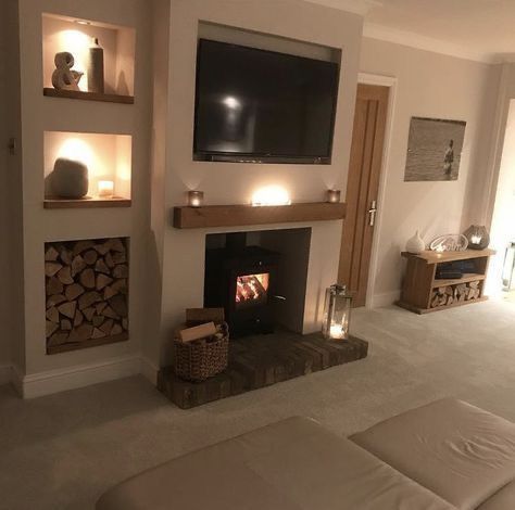 • @hernightskyy • Wood Burning Stoves Living Room, Log Burner Living Room, Storage Living Room, Living Room Decor Fireplace, Cottage Living Rooms, Cosy Living, Cosy Living Room, Drag Makeup, Log Burner