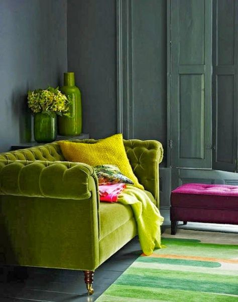 Color Crush: Chartreuse Green | Beth Haley Interior Design Nashville Living Room Dark, Dark Grey Walls, Room Dark, Green Couch, Green Velvet Sofa, Yellow Cushions, Corner Sofa Set, Green Sofa, Sofa Colors