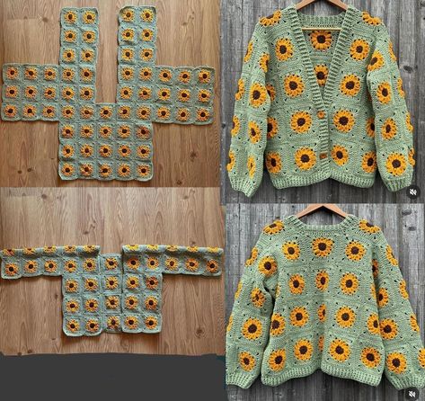 Crochet Clothes Jacket, Granny Square Crochet Layout, Crochet Gifts Free Pattern Quick, Quick Simple Crochet Projects, Sunflower Granny Square Sweater, Crochet Granny Square Cardigan Free, Crochet Granny Square Cardigan Layout, Crochet Clothes And Accessories, Free Clothes Crochet Patterns