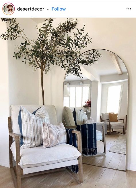 Corner Decorating Ideas, Living Room Corner Decor, Mirror Chair, Faux Trees, Arizona Decor, Entry Mirror, Corner Space, Bedroom Corner, Living Room Corner